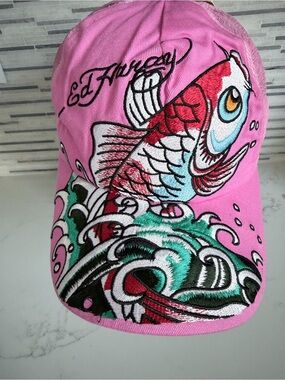 Vintage Ed Hardy Pink Koi Fish Embroidered Cap with Teal Wave Accents